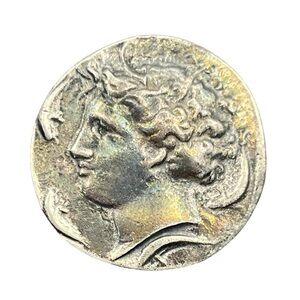 Faux Ancient Greek style silver tone coin brooch pin vintage